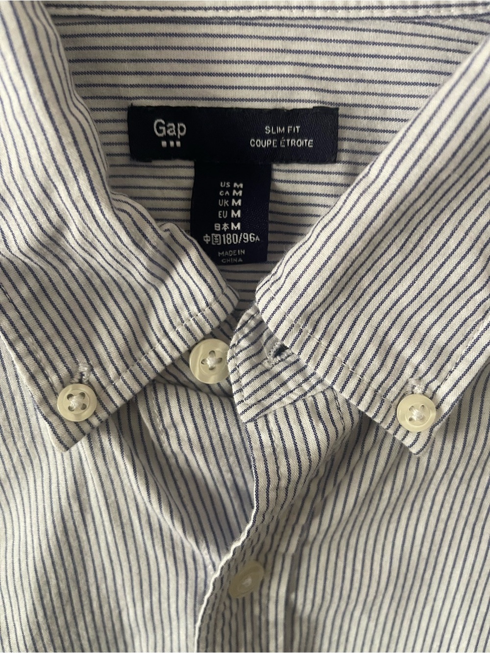 GAP Slim Fit White Button-Down Shirt with Navy Pinstripes
